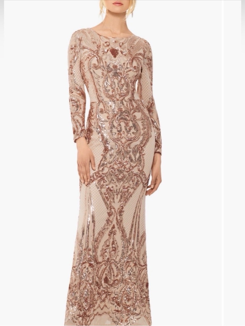 Betsy & Adam Rose Gold Sequin Embellished Long-Sleeve Column Gown SZ 8 EUC $330